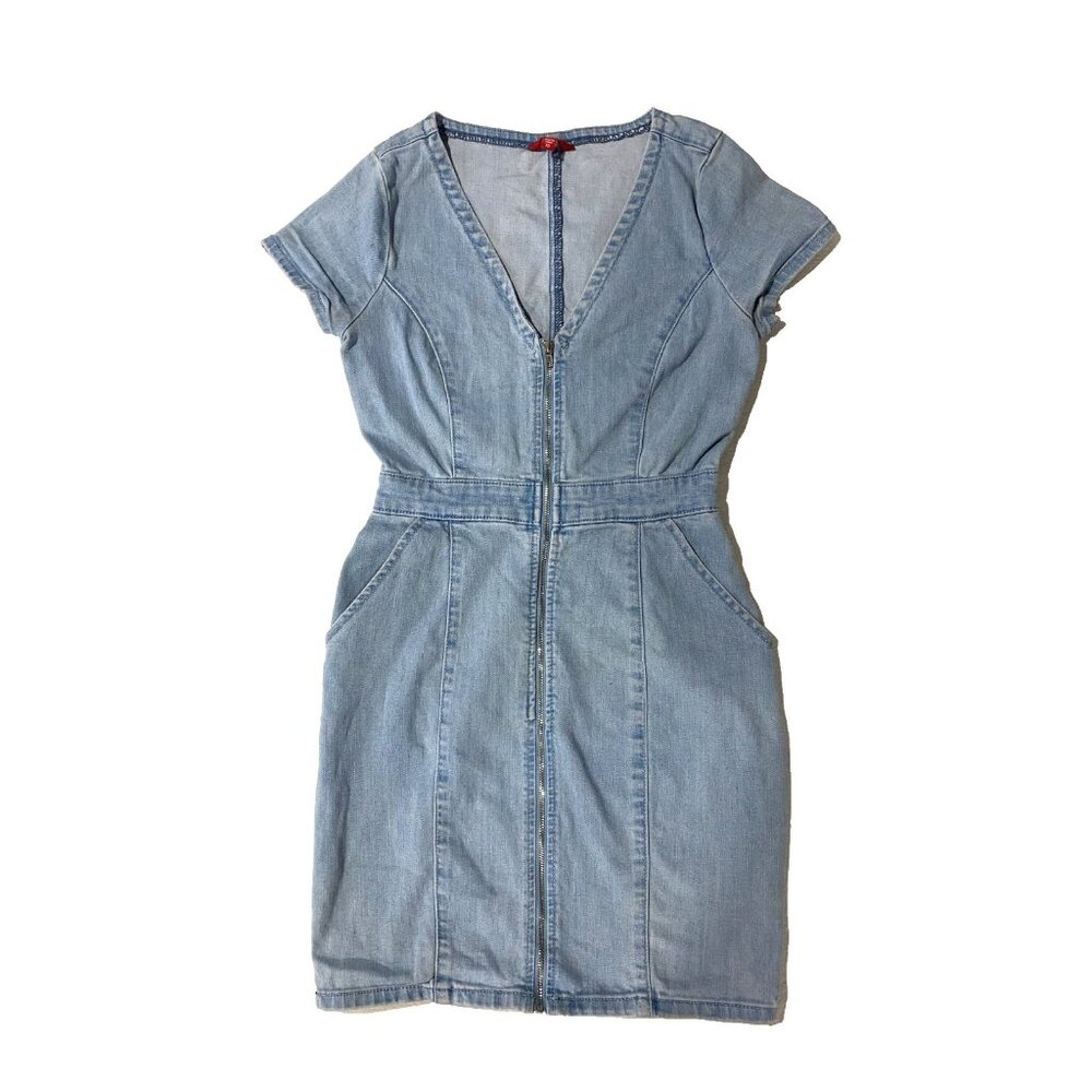GUESS‎ Denim Mini Dress Light Blue XS Zip Front Short Sleeve Y2K Baddie Bodycon